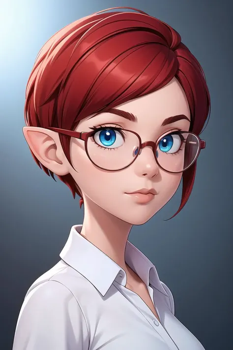 (masterpiece, best quality:1.4)(((headshot))) (((Masterpiece))), best quality, ultra-detailed CG unity 8k wallpaper (1girl:1.3) androgynous female (short red pixie cut hair:1.3) (blue eyes) (black glasses) elf ears,<lora:more_details:0.3>, <lyco:GoodHands-beta2:0.8>,