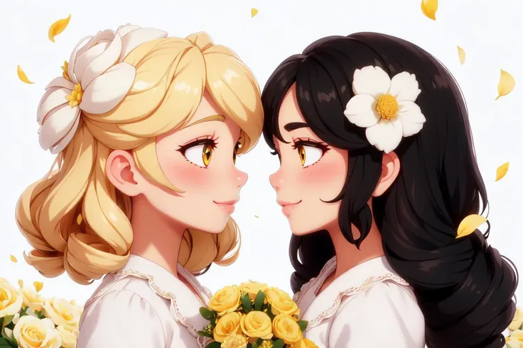 2girls, black hair, blonde hair, blush, bouquet, bow, drill hair, eye contact,
flower, flower field, from side, hair bow, long hair, looking at another, multiple girls, petals, profile, ringlets, short hair, smile, twin drills, white flower, white rose, yellow flower, yuri