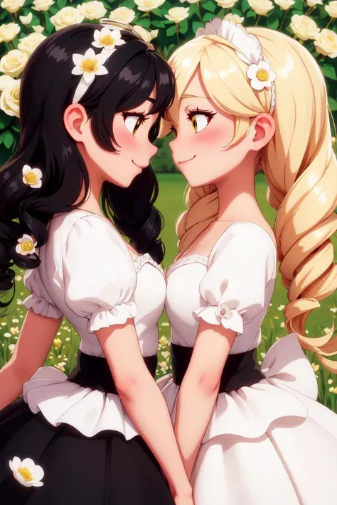 2girls, black hair, blonde hair, blush, bouquet, bow, drill hair, eye contact,
flower, flower field, from side, hair bow, long hair, looking at another, multiple girls, petals, profile, ringlets, short hair, smile, twin drills, white flower, white rose, yellow flower, yuri