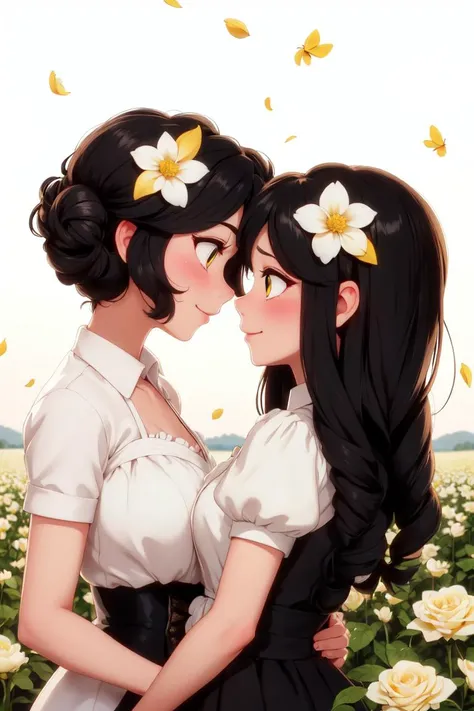 2girls, black hair, blonde hair, blush, bouquet, bow, drill hair, eye contact,flower, flower field, from side, hair bow, long hair, looking at another, multiple girls, petals, profile, ringlets, short hair, smile, twin drills, white flower, white rose, yellow flower, yuri, AS-Adult