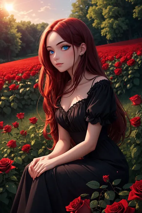 Cowboy Shot, ((glossy eyes)), (aesthetic, intricate:1.0), <lora:more_details:0.3>
1girl, red long hair, crimson eyes, detailed, crimson light, field of red roses, black dress, light particles, sitting on roses, outdoors, sunlight