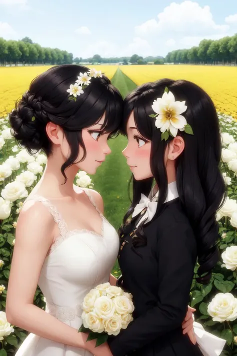 2girls, black hair, blonde hair, blush, bouquet, bow, drill hair, eye contact,flower, flower field, from side, hair bow, long hair, looking at another, multiple girls, petals, profile, ringlets, short hair, smile, twin drills, white flower, white rose, yellow flower, yuri, AS-Adult
