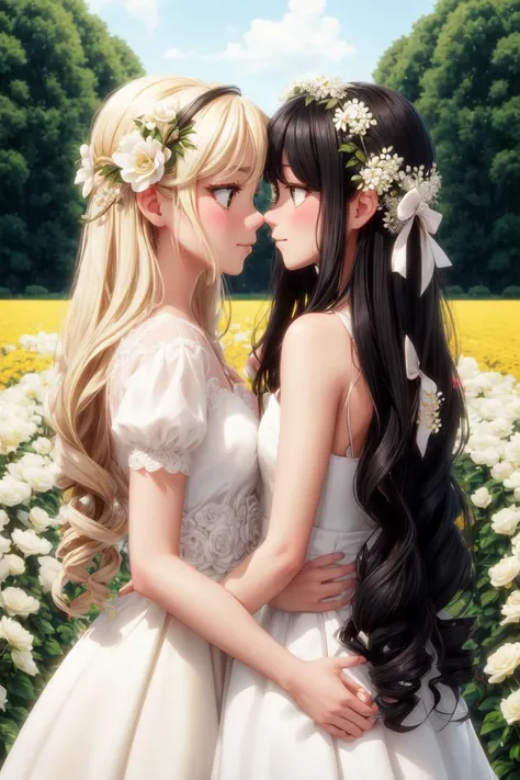 2girls, black hair, blonde hair, blush, bouquet, bow, drill hair, eye contact,flower, flower field, from side, hair bow, long hair, looking at another, multiple girls, petals, profile, ringlets, short hair, smile, twin drills, white flower, white rose, yellow flower, yuri, AS-Adult, <lora:more_details:0.5>