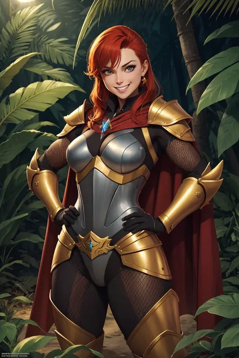 cowboy shot of redhead warrior lady in fishnet black armor, grin, teeth, hands on hips, pauldrons, heavy armor, golden frills, muscular, armored pants, cape, jungle outdoors, glowing butterflies, volumetric lighting, best quality, masterpiece, realistic