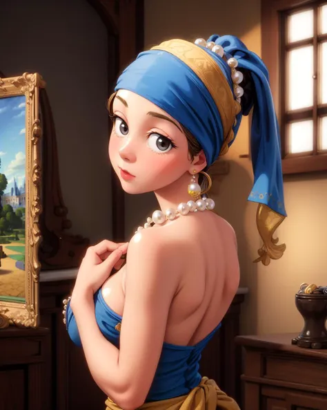 masterpiece, highest quality, (solo:1.4), (Vermeer girl with a pearl earring), aroused, (cleavage:1.4), (big soft boobs:1.2), (hands on own breast:1.2), (view from behind), looking back at viewer <lora:add_detail:0.6>