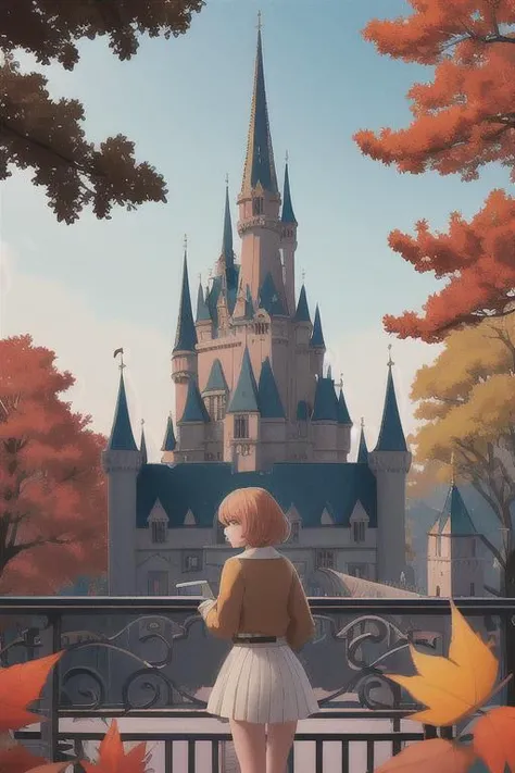 1girl, on balcony, looking at viewer, a castle in the distance, bird eyes view, autumn, architecture, birds, people, scenery, towers, trees, sunny, day, far away view, Direct light, Selective focus, ((illustration)), perfect details, light particles, chromatic aberration, masterpiece, best quality, absurdres, highest quality, amazing details, hyper detail, dramatic light, intricate details
