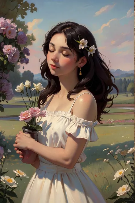 OIL PAINTING,IMPRESSIONISM,(masterpiece, best quality, ultra-detailed, best shadow),(detailed background),realistic ,(Rembrandt),1girl, solo, flower, dress, long hair, closed eyes, black hair, white dress, holding flower, field, holding, outdoors, grass, realistic, bare shoulders, <lyco:oil_painting:0.6>
