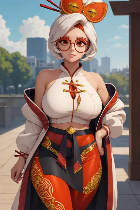 (masterpiece, best quality, ultra detailed), ultra realistic, half body, younger,cool & sexy \(idolmaster\), <lora:aiBeautyIthlinni_ithlinniV1:0.4>, huge breasts, 1girl, purah, red glasses, hair ornament, hair stick, red headband, white shirt, bare shoulders, white jacket, black skirt, orange leggings, high heels, red glasses, hair ornament, hair stick, red headband, white shirt, bare shoulders, sleeveless, black skirt, orange leggings, high heels, <lora:purah-nvwls-v3-2:1>