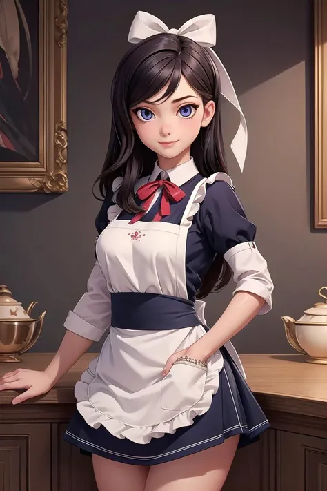 Cowboy Shot,((glossy eyes)),(masterpiece, best quality:1.4)best quality, high detail, (detailed face), detailed eyes, (beautiful, aesthetic, perfect, delicate, intricate:1.0), <lora:more_details:0.3>,<lyco:GoodHands-beta2:1>, <lyco:GPTS4 dreamwave full_478773:0.3>, solo, 1girl, slight smile, looking at viewer, waitress, detached sleeves, apron, ribbon