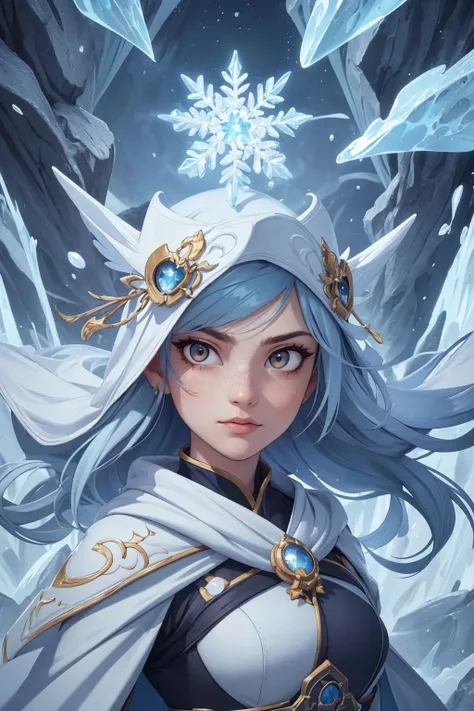 (masterpiece, best quality:1.4), best quality, high detail, (beautiful, aesthetic, perfect, delicate, intricate:1), professional lighting, slim and smooth lines, fractal art, <lora:detail_slider_v4:1.0>,
1 girl, adult woman, freckles, jade eyes, gray drill hair,
Style-GravityMagic, portrait, solo, half shot, looking up, detailed background, detailed face, (imperial chinese theme:1.1), ice wizard, blue-white color scheme, wearing snowflake patterned blue-white sorcerer robes, cape, belt, legendary scepter of winter, focused concentration, floating particles, frozen rocks, mysticla inscriptions, fjord in background, cold mist emerging, early morning frost, ethereal atmosphere,