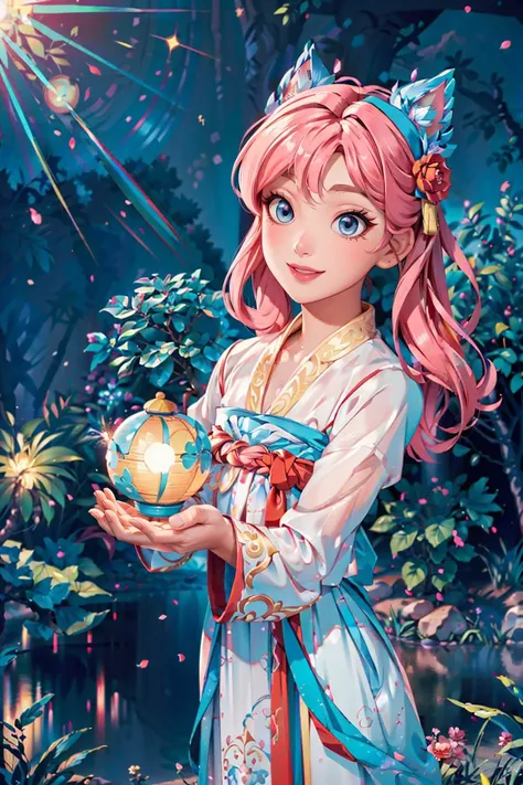 <(best quality, extremery best quality, masterpiece:1.4), (realistic, intricate details:1.4), (photorealistic:1.4), (extremely intricate:1.4), highres, ultra highres, ultra-detailed, absurdres, incredibly absurdres, extremely detailed, high quality, high resolution, hyperrealistic, ultra-realistic, hyper-detailed, top quality, best, fine detail, massive detail, Highly detailed, extreme detailed, highest detailed, high-res, absolutely resolution, reflection, (refraction:1.4), (hyperrealism:1.4)>, BREAK, 1girl, solo, looking at viewer, (young cute beautiful 18-year-old girl:1.4), 3d face, (hand of Guido Daniele:1.4), beautiful girl, Beautiful face, pretty, girlface, kpop idol, supermodel, stunning innocent symmetry face, perfect body, medium breast, slim waist, slim legs, (high detailed skin:1.5), glowing eyes, goddess, natural skin texture, shiny skin, White skin, Beautiful detailed face, detailed face, real skin texture, cute delicate face, finely detailed face, golden ratio, golden ratio face, expressive eyes, perfect face, perfect skin, flawless face, clear face, shiny hair, pale skin, Proper body proportion, perfect anatomy, realistic skin texture, luscious lips, glossy lips, natural makeup, beautiful bright pupils, slender figure, intricate eyes, detailed pupils, detailed face and eyes, longeyelashes, blush, good hand, perfect hands, pretty face, beautiful female bodies, finely detailed skin, oily shiny skin, clean facial features, an extremely delicate and beautiful, cute & girly, beautiful detailed eyes, stars in the eyes, detailed simmetric eyes, perfect smooth skin texture, BREAK, (((((standing, (hanfu, tang style, tang style outfits, pink upper shan, pink chest pleated skirt, red with pink waistband, red pibo:1.4), (smile, Pink hair, Pink eye, long hair, Pink eyelashes, Pink lips, Pink lip colour, Eyes glowing Pink, flat bangs, pink fluffy bunny:1.5), (night, Night time, moon light, sky, landscape, aurora borealis, stars, outdoors, Chinese, Pink fireworks, Sakura tree background:1.4), (lake background, mountains, full moon background, night lake shore, river, forest, chinese style countryard, lanterns, pond, cobblestone pathway, building pavilion, chinese buildings, moutains, misty lake, ancient chinese background, puddle, after the rain, petals falling, wet grass and trees, flower sea, in a meadow, waterfall, breeze, flying splashes, flying petals, leaves, bloom, bloom effect, surrounded by heavy floating petal flow, petal, Pink butterfly, flower, detailed beautiful grassland with petal, flowers, plants, Pink rose, many Pink roses, leaves falling from the tree, dust is drifting, ethereal, scenery, nature, mysterious background:1.4), (iridescent colors, Iridescence, blush, mysterious, fantasy background, fantasy, open mouth:1.2), (fog, wind:1.2), (Luminescent Particles:1.3), (fullbody:1.2), (eye focus, face focus, character focus, close-up face:1.2), (dutch angle, cowboy shot:1.3), colorful refraction)))), BREAK, <watercolor, available light, detailed light, volumetric fog, beautiful lighting, Rembrandt lighting, Cinematic, pixel art, game art, key visual, surreal, PBR Texturing, Anisotropic Filtering, Maximum Clarity And Sharpness, Albedo And Specular Maps, Multi-Layered Textures, Surface Shading, Sub-Pixel Convolution, Sub-Pixel Convolution, Accurate Simulation Of Light-Material Interaction, blurry foreground, broad light, volumetric light effect, matte painting, perfectly defined features, volumetric lighting, Tone Mapping, Lumen Reflections, Global illumination, Ray Tracing, Screen Space Global Illumination, Accent Lighting, 32k, Natural Lighting, volumetric, cinematic masterpiece, Rule of thirds, high dynamic range, Multi-exposure HDR capture, cinematic render, game cg cinematic, atmospheric perspective, scene, epic dynamic frame, motion blur, ((cinematic look, Film look)), rim light, 4k textures, adobe lightroom, photolab, insane details, hyperdetailed, exposure blend, professional color grading, professional color correction, aerial perspective, particles and dust in beams of light, cinematic scene, dynamic lighting, sharp details, lomography, soft focus, light leaks, bold hues, atmospheric depth, (explosive light and shadow:1.2), aesthetics, intricate designs, ultra realistic digital art, (zentangle, mandala, tangle, entangle), (fractal art), elegant, vivid colours, floating particles, particles, dramatic, epic, (ink drawing, oil painting detailed), (dramatic lighting:1.2), RAW, huge filesize, extremery detailed CG, Photo, 8k uhd, cinematic atmosphere, trending on artstation, award-winning glamour photograph, highly detailed photo, official art, beautiful and aesthetic, unity 8k wallpaper, beautiful, highly detailed CG illustration, best illustration, intricate, Amazing, emotional, analog, painting, digital painting, concept art, Oil Painting, illustration, Classical art, Renaissance, Romanticism, Neoclassicism, Color Palette, depth and contrast, Vibrant colors, saturated, rich saturation, color harmony, vivid palette, concept-art, design style, detail character, concept render, colorful, analog photography, dreamy atmosphere, specular highlights, atmospheric lighting, (dynamic angle, dynamic pose :1.3), (shiny, clothes reflecting light, lens flare, bloom effect, light particle, lens glare:1.3), realistic lighting, cinematic light, (cinematic lighting), light in the face, soft lighting, saturated colors, detailed background, sharp focus, 8k high definition, perspective, Master Composition, roughness, post-processing, soft shadows, realistic shadows, ambient occlusion, ray-tracing, subsurface scattering, photon mapping, physically-based rendering, octane rendering, unreal engine 5, ue5 rendering, Adobe After FX, dslr, RTX, Best character details, radiosity, sharp, antialiased, RAW photo, HDR, 8k, 4k, (((Photographed by Roger Deakins, using a RED Monstro 8K VV camera and a series of high-end lenses))), ((Hasselblad photography)), (film grain:1.4), Kodak portra 400, ((Fujifilm X-T5)), professional photograph, depth of field, caustics, Broad lighting, diffuse lighting, rim lighting, two tone lighting, textile details, visible pores, high resolution scan, professionally color graded, photographic reality, automatic white balance, best lighting, detailed shadow, high contrast, strong light and shadow>, (PureErosFace_V1:0.5), (ulzzang-6500:1), <lora:epiNoiseoffset_v3:0.05>, <lora:add_detail:0.1>, <lora:hanfuTang_v35:0.8>, <lora:zhongfenghuaxiyou-000018:0.05>, zhongfenghua