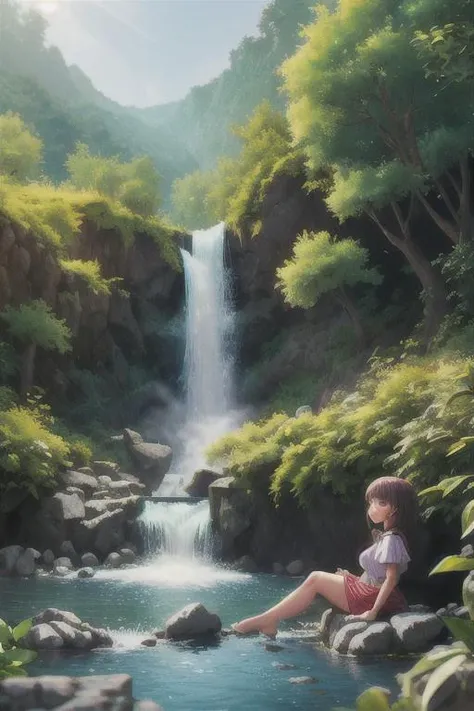 1girl, cute, looking at viewer, sitting on a rock on the side, girl sitting to the side, lake, waterfall, summer, shrubbery, bushes, sunlight, outside, Direct light, Selective focus, ((illustration)), perfect details, light particles, chromatic aberration, masterpiece, best quality, absurdres, highest quality, amazing details, hyper detail, dramatic light, intricate details. waterfall in focus
