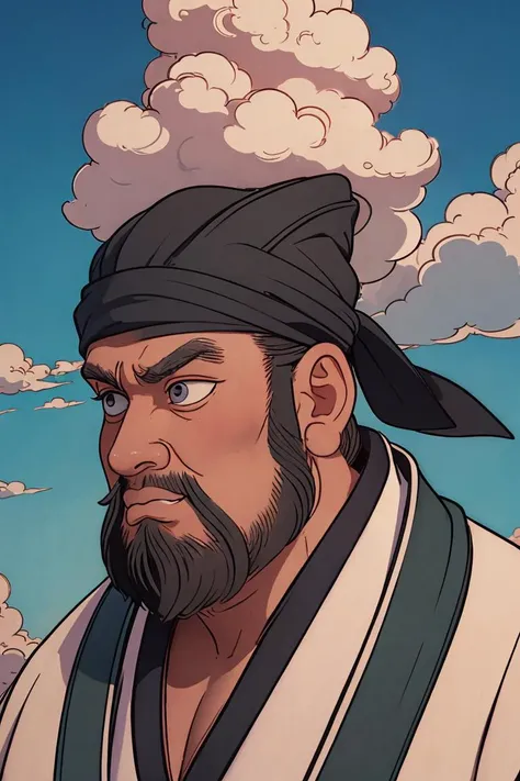 masterpiece, traditional_media, best quality, realistic, extremely detailed CG , 1boy,beard,hanfu, long sleeves, portrait, solo, ribbon, cloud, sky ,handsome , <lora:shuV2:0.3>, <lora:xuanxue_v6.0:0.6>