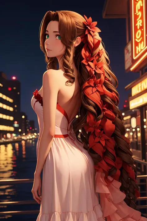 masterpiece, best quality, aerith gainsborough, very long hair, hair ribbons, hair flowers, strapless red dress, looking at viewer, cowboy shot, nighttime, waterfront, neon signs ,  <lora:aerith-nvwls-v1:0.9>