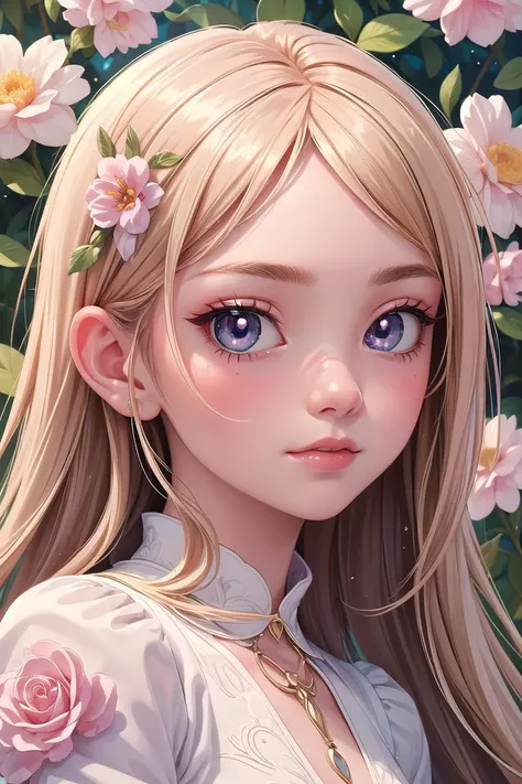 (masterpiece, best quality:1.4)best quality, high detail, (detailed face), detailed eyes, (beautiful, aesthetic, perfect, delicate, intricate:1.0),1 girl, kawaii, very long hair, soft ((glossy eyes)), sparkles, flowers, nature <lora:more_details:0.3>,<lora:GPTS4 dreamwave full_478773:0.3>,