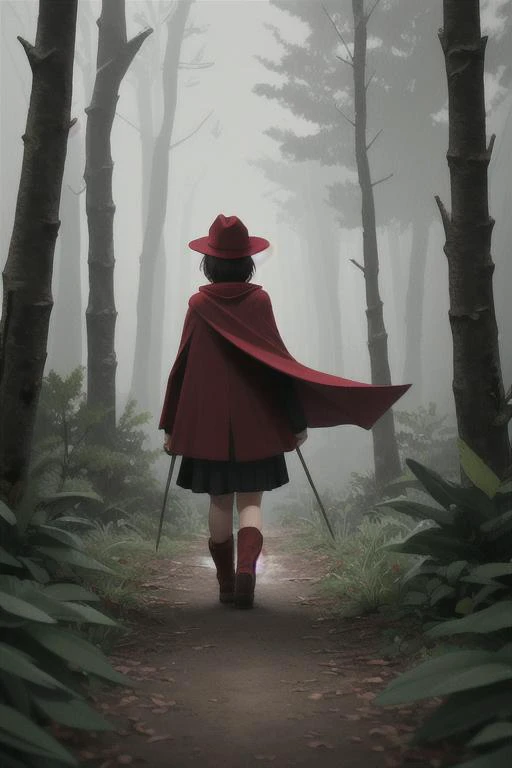 1girl, walking alone through a dark forest, gloomy lighting, red cape, red hat, basket in hand, forest, walking away, back turned