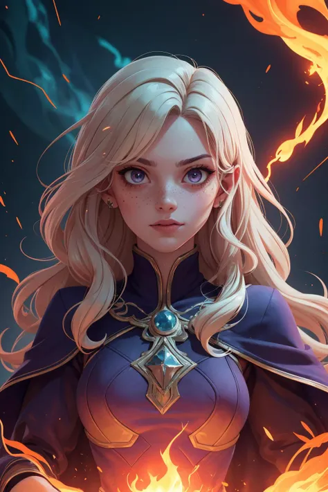 (masterpiece, best quality:1.4), best quality, high detail, (beautiful, aesthetic, perfect, delicate, intricate:1), professional lighting, slim and smooth lines, fractal art, <lora:detail_slider_v4:1.0>,
1 girl, adult (elven:0.7) woman, freckles, aquamarine eyes, platinum blonde beach waves hair,
portrait, looking away, solo, half shot, detailed background, detailed face, (<lora:ldv2:0.6>, electricity, purple, Lightning theme:1.1) evil sorcerer, tattered dark blue magical robes, determined expression, blazing power-hungry eyes, green color scheme, green light, ruined study room in background, evil symbolic patterns , floating particles, embers, surrounded by fire, <lora:Fire_VFX:0.4>, opening chaotic rift to hell, purple arcane symbols, sinister and foreboding atmosphere,