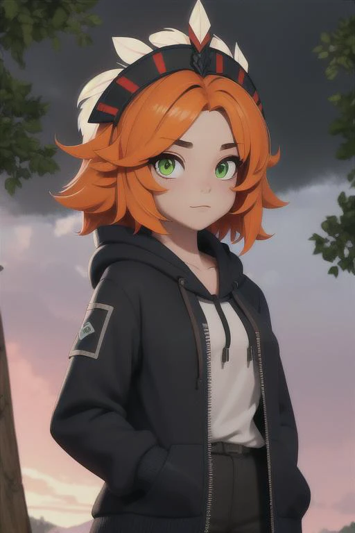 extreme quality, cg, detailed face+eyes, (bright colors:0.9), a cute demon girl standing, (feudal tribal village in the forest:1.1), (tan skin), colored outlines, hair down, orange hair, green, masterpiece, 8k, (tone mapping, hyper focus:0.7), violet, looking, zoomed out, complimentary colors, light particles, dappled sunlight, cloudy sky, fur trim hoodie, (headdress), tribal clothing, (colored inner hair:1.25), gradient hair, (multicolored hair:0.9), dark, foggy, righteous, bokeh, natural, limited palette, (arknights:1.2), messy hair, (detailed hair:1.1), rainbow in the sky