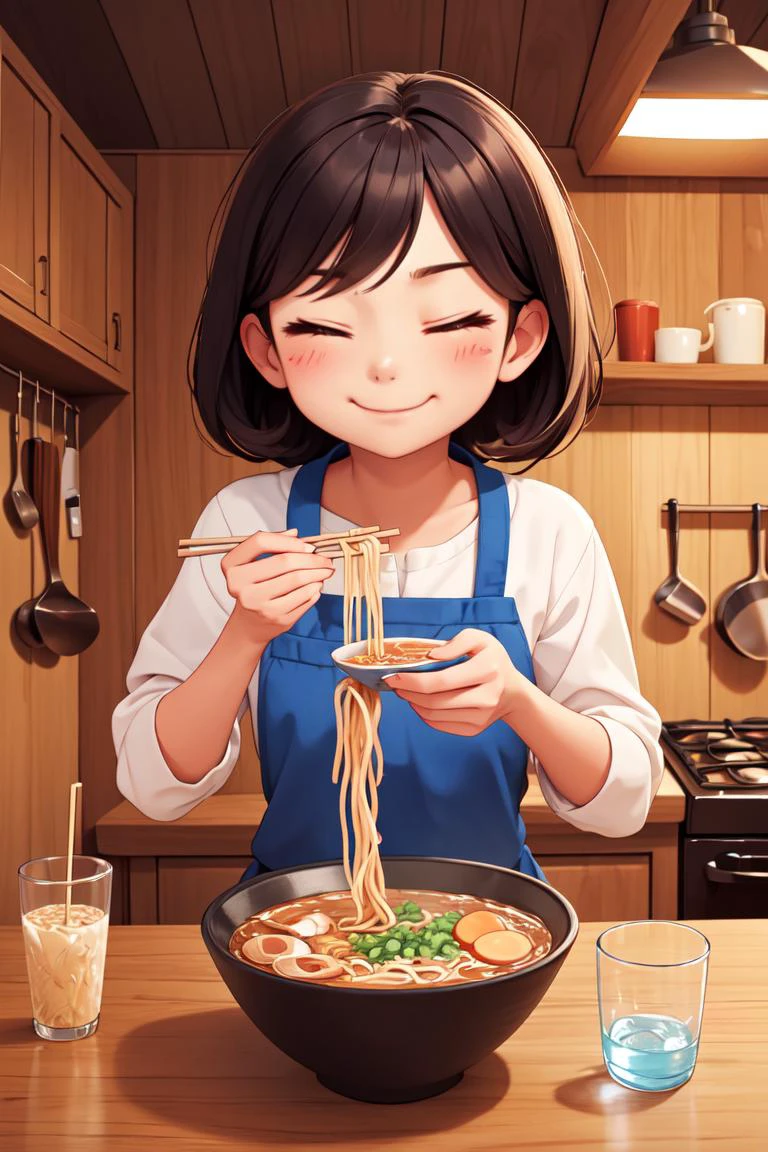 (masterpiece, best quality), 1girl, solo, cute face, kawaii, ramen, chopsticks, drinking glass, eating, heart, happy, closed eyes, closed mouth, <lora:ramen_v1.4:1>, kitchen,