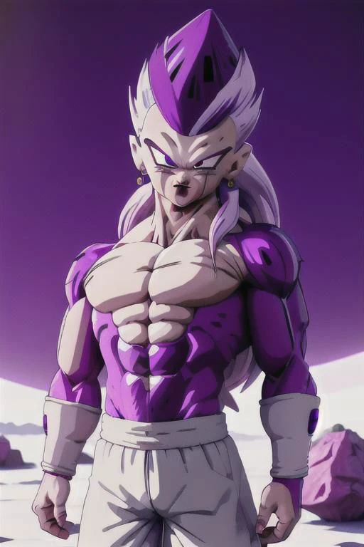RAW photo, intricate details, best quality, 8k uhd, soft lighting, 1boy, solo, frieza, purple eyes, white hair, spiked hair, single earring, ssj4, abs, body fur, jewelry, long hair, muscular, pectorals, purple fur, super saiyan