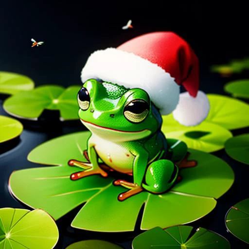 a lily pad with a small cute frog sitting on it, flies wearing tiny santa hats, frog eating a fly, shiny, highly detailed, cute, caricature,, Photo realistic,hyper detail,hyper realistic