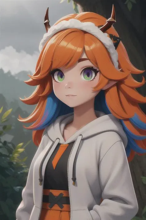 extreme quality, cg, detailed face+eyes, (bright colors:0.9), a cute demon girl standing, (feudal tribal village in the forest:1.1), (tan skin), colored outlines, hair down, orange hair, green, masterpiece, 8k, (tone mapping, hyper focus:0.7), violet, looking, zoomed out, complimentary colors, light particles, dappled sunlight, cloudy sky, fur trim hoodie, (headdress), tribal clothing, (colored inner hair:1.25), gradient hair, (multicolored hair:0.9), dark, foggy, righteous, bokeh, natural, limited palette, (arknights:1.2), messy hair, (detailed hair:1.1), rainbow in the sky