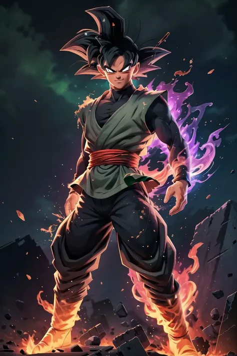 ((masterpiece, best quality)),(complex light),absurdres, highres, 1boy,solo,fighting stance, goku black,black hair,black eyes, green fire destroyed debris background,smirk, <lora:goku_black1:0.8>, <lora:on_fire:0.5>, <lora:LAS:0.3>