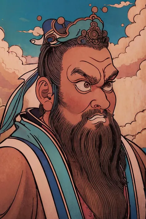 masterpiece, traditional_media, best quality, realistic, extremely detailed CG , 1boy,beard,hanfu, long sleeves, portrait, solo, ribbon, cloud, sky ,handsome , <lora:shuV2:0.3>, <lora:xuanxue_v6.0:0.8>