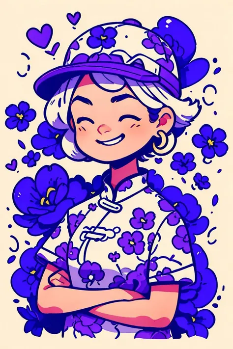 chinese ink painting style,1girl, heart, white hair, background, short hair, earrings, closed eyes, jewelry, hat, smile, Purple Shirt, Shirt, solo, upper body, Purple headwear, Flower, Purple theme, short sleeves, print shirt, <lora:doodle:1>