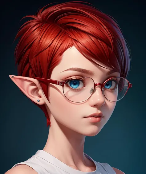 (masterpiece, best quality:1.4)(((headshot))) (((Masterpiece))), best quality, ultra-detailed CG unity 8k wallpaper (1girl:1.3) androgynous female (short red pixie cut hair:1.3) (blue eyes) (black glasses) elf ears,<lora:more_details:0.3>, <lyco:GoodHands-beta2:0.8>,