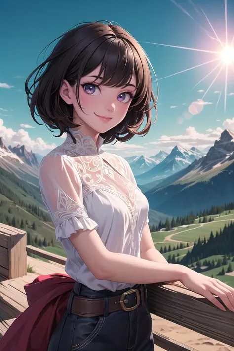 Cowboy Shot,glowing eyes,(masterpiece, best quality:1.4),(beautiful, aesthetic, perfect, delicate, intricate:1.2),(absurdres, highres, ultra detailed),best quality,masterpiece,Dark hair,dark eyes,upper body,sun flare,outdoors,mountain,valley,sky. clouds,smiling,<lora:more_details:0.3>,<lora:AudreyHepburn:0.3>,<lora:GoodHands-beta2:1>,