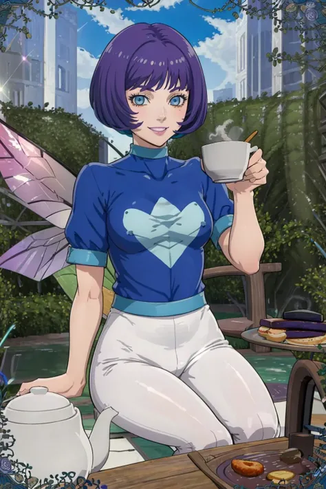 masterpiece, best quality, solo, 1girl, smile,  looking at viewer, <lora:zs_PixieSH:1>, pixiedssh, purple hair, short hair, bob cut, blue eyes, fairy wings, blue shirt, white pants,    <lora:Teatime-concept_Fp:0.8>, cup, table, food, teapot, outdoors, sitting
