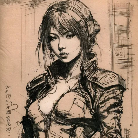 body drawing of a cyberpunk girl at midnight streets of tokyo in style of <lora:skrmk05:3>, pen, ink, pencil, sketch, breathtaking . award-winning, professional, highly detailed