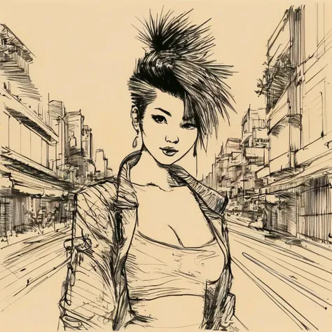 body drawing of a (punk girl:1.4) at (streets of tokyo:1.5) at midnight in style of <lora:skrmk05:3>, pen, ink, pencil, sketch, line art drawing . professional, sleek, modern, minimalist, graphic, line art, vector graphics, breathtaking . award-winning, professional, highly detailed