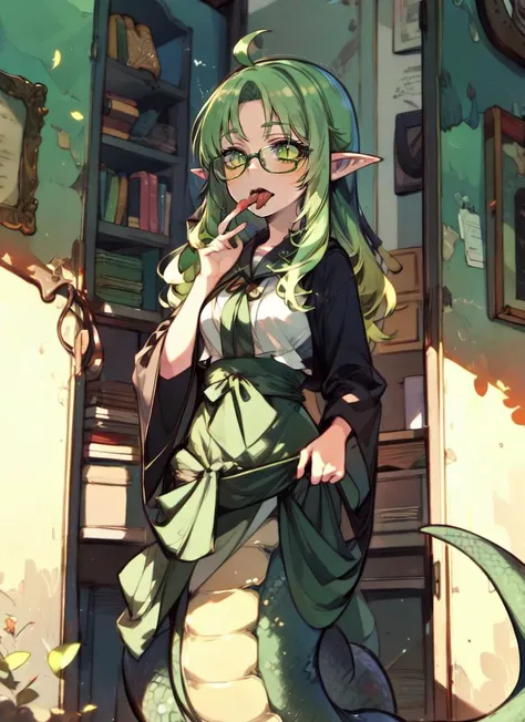 ((best quality)), ((highly detailed)), masterpiece, extremely detailed face, beautiful face, , <lora:more_details:.2>, (1girl), (glasses), cowboy shot, <lora:aiomonstergirls_loraLocon:.3>, <lora:animeLamia_v10:1>, (lamia), scales, tail, merged at waist, (light green hair, light green scales), green yellow eyes, <lora:slit-pupils:1>, snake eyes, pointy ears, <lora:slittongue:1>, (slittongue), open mouth, tongue out, (inside, in a closet), <lora:Chun-paretto-wizard-v1-ANL:1>