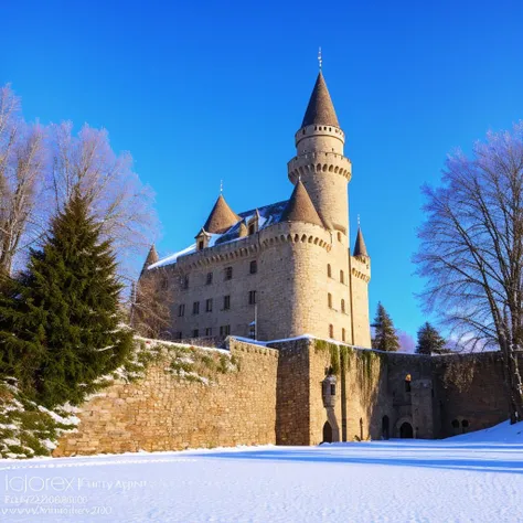 photograph, castle, snow,Fujifilm XT3, Depth of field 100mm, art by Aytek Çetin,masterpiece, best render, high res, best resolution, 4k, 8k, super great render, ((photorealistic)), great colors, <lora:French_landscape:0.7>