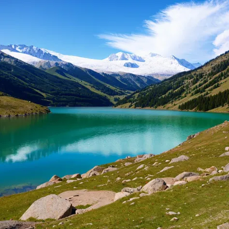 photograph, landscape,lake, mountain, snow on the top,Fujifilm XT3, Depth of field 100mm, art by Aytek Çetin,masterpiece, best render, high res, best resolution, 4k, 8k, super great render, ((photorealistic)), great colors, <lora:French_landscape:0.7>