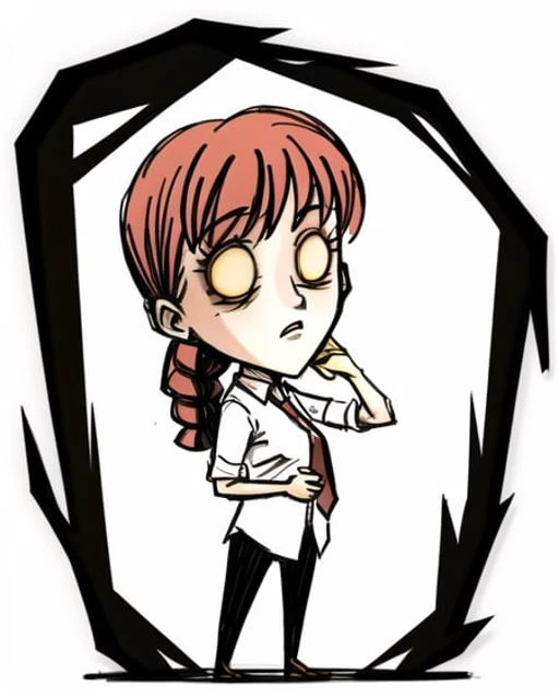 <lora:DontStarve:0.7>, Don't Starve style, masterpiece, best quality, ultra-detailed, illustration, makima \(chainsaw man\), 1girl, red hair, long braided hair, golden eyes, bangs, medium , white shirt, necktie, sketch, full body, chibi, white background, simple background, <lora:makimaChainsawMan_offset:0.6>