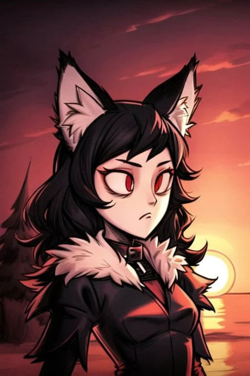 <lora:DontStarve:0.7>, Don't Starve style, masterpiece, best quality, ultra-detailed, illustration, 1girl, black long hair, full red eyes, wolf ears, black mantle, fluffy collar, sunset
