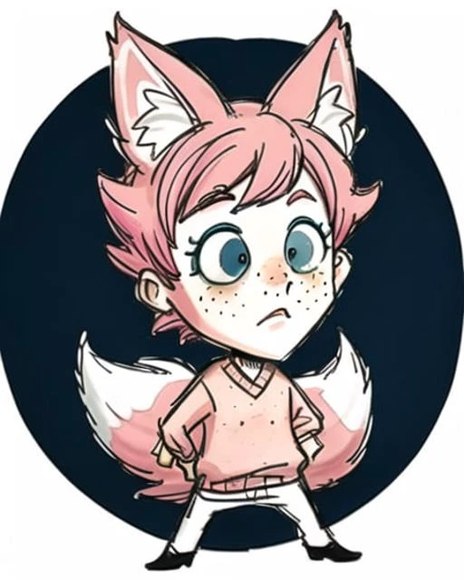 <lora:DontStarve:0.7>, Don't Starve style, masterpiece, best quality, ultra-detailed, illustration, 1 boy, pink short hair, fox ears, pink sweater, freckles, cute, blue eyes, sketch, full body, chibi, white background, simple background