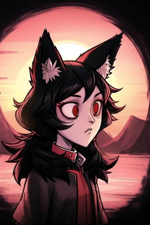 <lora:DontStarve:0.7>, Don't Starve style, masterpiece, best quality, ultra-detailed, illustration, 1girl, black long hair, red eyes, wolf ears, black mantle, fluffy collar, sunset