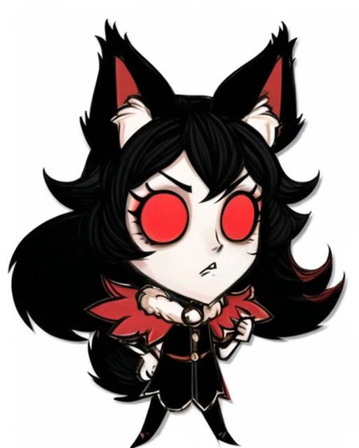 <lora:DontStarve:0.7>, Don't Starve style, masterpiece, best quality, ultra-detailed, illustration, 1girl, black long hair, red eye, wolf ears, black mantle, fluffy collar, sketch, full body, chibi, white background, simple background