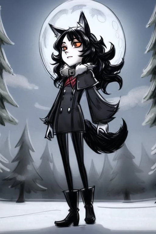 <lora:DontStarve:0.7>, Don't Starve style, masterpiece, best quality, ultra-detailed, illustration, 1girl, black long hair, red eye, wolf ears, black mantle, fluffy collar, forest, moon, sketch, full body