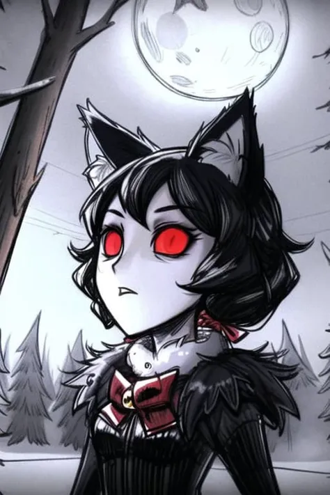 <lora:DontStarve:0.7>, Don't Starve style, masterpiece, best quality, ultra-detailed, illustration, 1girl, black long hair, red eye, wolf ears, black mantle, fluffy collar, forest, moon, sketch