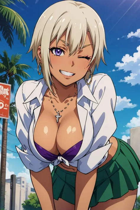 masterpiece, best quality, <lora:honjouranko-nvwls-v1-000008:0.9> houjou ranko, dark skin, hoop earrings, necklace, tied shirt, purple bra, green skirt, large breasts, leaning forward, wink, pov, one eye closed, one eye open, grin, from below, sky, clouds