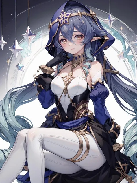 (extremely detailed CG, best quality:1.1), 1girl, perfect face, bright pupils, (finely detailed beautiful eyes:1.1), shiny skin, lustrous skin, wide hips, narrow waist, very long hair, drill hair, drill locks, pointy ears, blue hair, hair between eyes, juliet sleeves, detached sleeves, puffy sleeves, bare shoulders, hood, black gloves, white pantyhose, claw ring, thighlet, jewelry, high heels, medium breasts,   <lora:Layla:0.9>