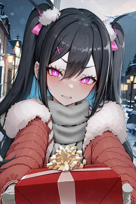 IncrsGettingAPresent, pov, winter clothes, scarf, <lora:POVGettingAPresent:1>, outdoors, night, blush, jeloyuukinanase, pink eyes, (bright pupils), hair ornament, hairclip, hair ribbon, sharp teeth, twintails, <lora:Char_OC_YuukiNanase:0.9>