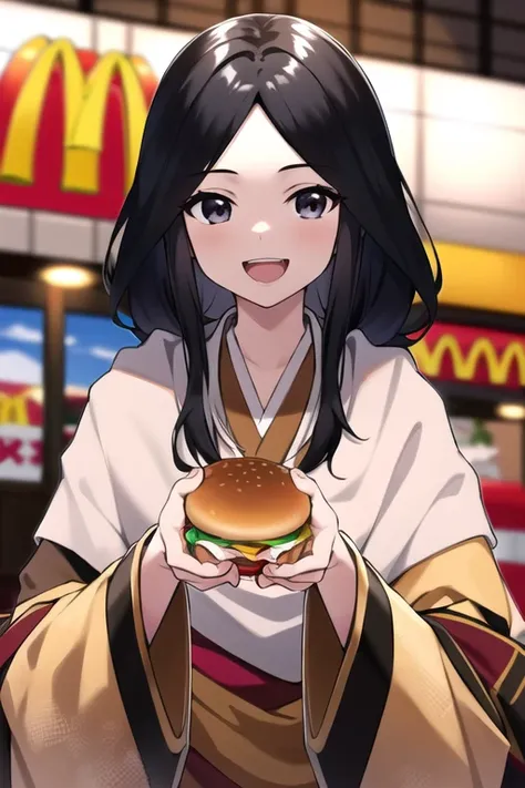 masterpiece, best quality, ricechan,1girl, black hair, solo, eating a hamburger, nom burger, two hands, mcdonalds background, japanese hamburger, food, long sleeves, upper body, holding (BURGER), bowl hamburger, kimono, looking at viewer, open mouth, bangs, smile, wide sleeves
<lora:divineChildOfRejuvenationSekiro_v10:1> <lora:eatingAHamburger_animeEatingBurger:0.45>