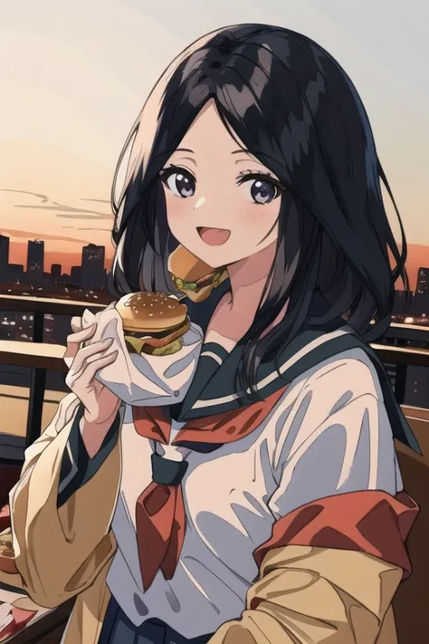masterpiece, best quality, ricechan,1girl,  black hair, solo, eating a hamburger, nom burger, two hands, cityscape background, food, upper body, holding (BURGER), bowl hamburger,  jacket, school uniform, looking at viewer, open mouth, bangs, smile, wide sleeves
    <lora:divineChildOfRejuvenationSekiro_v10:1>  <lora:eatingAHamburger_animeEatingBurger:0.35> <lora:ligneClaireStyleCogecha_v40:0.65>
