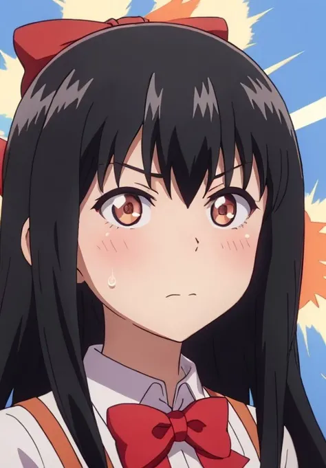 <lora:GabrielDropOut:0.6>, GabrielDropOut, Machiko, solo, simple background, bow, closed mouth, school uniform, upper body, sweat, bowtie, sweatdrop, red bow, v-shaped eyebrows, blue background, parody, surprised, close-up, emphasis lines, explosion, constricted pupils